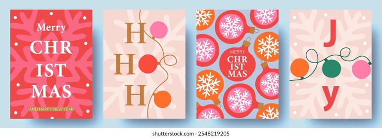 Set of Christmas cards. Modern design with Christmas garland, balls and greetings. Trendy hand drawn illustration for season banner, poster, cover. Vector illustration.