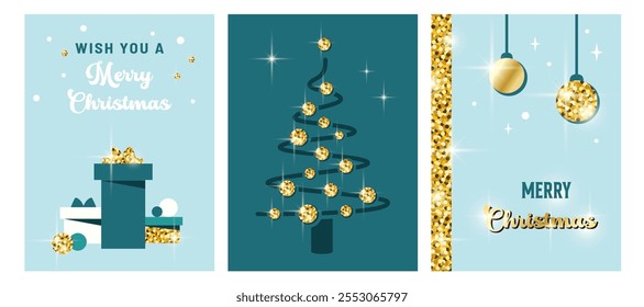 Set of Christmas cards. Modern festive elements with Christmas tree, presents, festive golden balls.Christmas decorations. New year background. Vector illustration