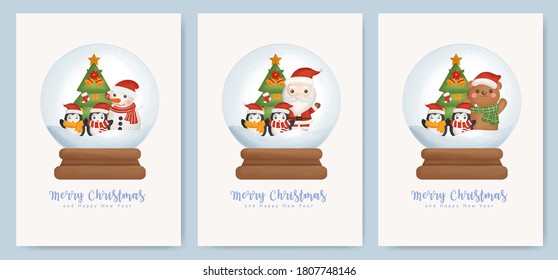 Set of Christmas cards  and new year greeting cards with cute Santa clause and christmas elements on a snow ball globe. 