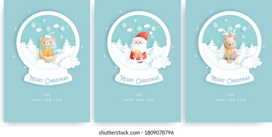 Set of Christmas cards and new year greeting cards with cute Santa clause and Christmas elements on a paper snow globe.