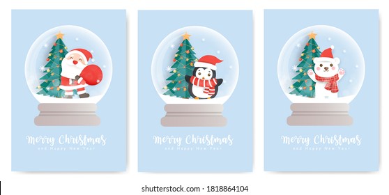 Set of Christmas cards  and new year greeting cards with a cute Santa clause , penguin and snowman in a snow globe.