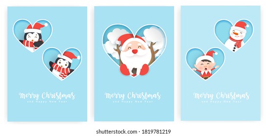 Set of Christmas cards  and new year greeting cards with a cute Santa clause and friends.