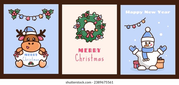 Set of Christmas cards. New year background. Festive posters with linear Doodle characters. Cute reindeer in santa hat with greeting frame, cartoon snowman, festive wreath, presents. Vector
