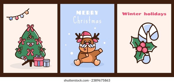 Set of Christmas cards. New year background with Color linear Doodle characters. Christmas tree, presents, lights, candy cane, holly. Cute reindeer in santa hat. Vector illustration for winter holiday