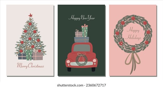 A set of Christmas cards. New Year's openings. Winter postcards. Christmas tree, Christmas wreath, car with gifts