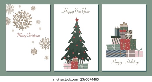 A set of Christmas cards. New Year's openings. Winter postcards. Christmas tree with gifts, snowflakes