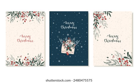 Conjunto de tarjetas de Navidad con decoraciones de Año Nuevo de árboles de Navidad, ramas con bayas rojas. Vector