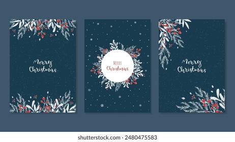 Conjunto de tarjetas de Navidad sobre fondo oscuro con decoraciones navideñas en forma de árboles de Navidad, ramas con bayas rojas. Vector