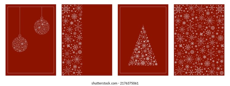 set of christmas cards on a red background ornaments from snowflakes