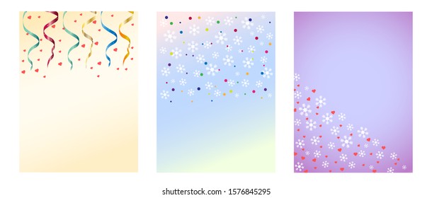 Set of Christmas cards with place for text. Decorated with streamers, confetti, snowflakes and hearts. Various background options.
