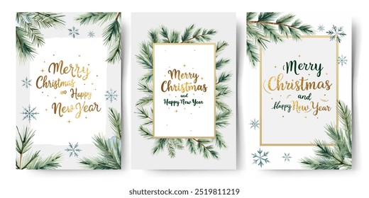 Set of Christmas cards, poster with watercolor fir branches and golden lettering. Winter frames.