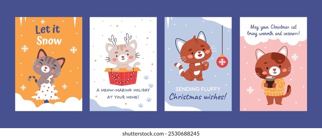 A set of Christmas cards and posters with funny cats. New Year's texts and greetings.