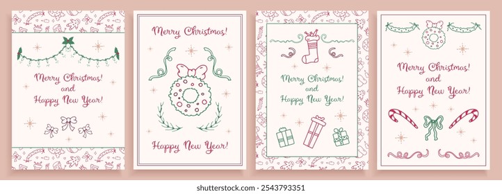 Set of Christmas cards and posters, greeting holiday cards with greetings and celebration symbols. Vector illustration, annual invitations, decorative art.