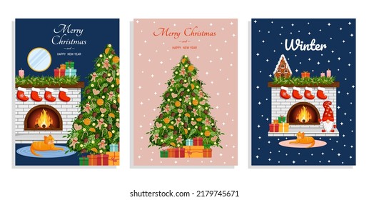 Set Of Christmas Cards Or Posters With Christmas Tree, Gifts, Fireplace And Cat. Cozy Christmas Night Celebration Vector Illustration.