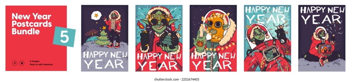 Set of Christmas cards with punk elf with Christmas attributes.