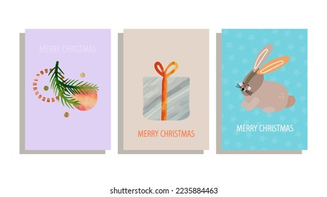 set of Christmas cards with  rabbit,  gift boxes, Christmas balls