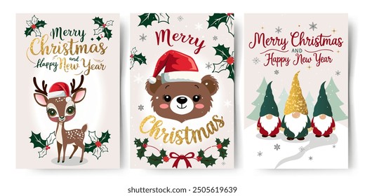 Conjunto de tarjetas de Navidad con renos, gnomos, oso. Colección de tarjeta de felicitación de vacaciones infantiles. Letras doradas. Invitación de Nuevo año, Anuncio