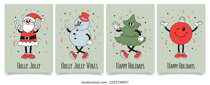 Juego de tarjetas de Navidad con caracteres hippie retro Groovy. Hombre de nieve, Santa Claus, árbol de Navidad, bola de decoración navideña. Ilustraciones de vacaciones al estilo de las caricaturas de moda. Vector