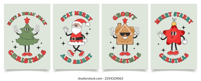 Set of Christmas cards with retro Groovy hippie characters. Santa Claus, Christmas tree, gingerbread, Christmas star. Holiday illustrations in cartoon style. Vector