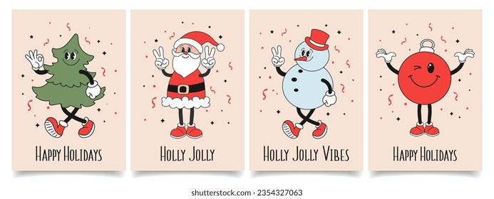 Set of Christmas cards with retro Groovy hippie characters. Snowman, Santa Claus, Christmas tree, Christmas decoration ball. Holiday illustrations in cartoon style. Vector