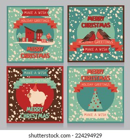 set of christmas cards in retro style, vector illustration