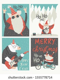 Set Of Christmas Cards With Rock N Roll Santa Claus
