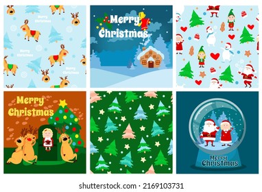 Set of Christmas cards. Santa Claus and Mrs. Santa in a glass bowl, Santa's house on a snowy landscape, patterns, and deer. Vertical greeting cards depict coziness and celebration.