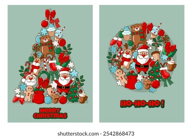 set christmas cards with santa claus and deer and festive elements