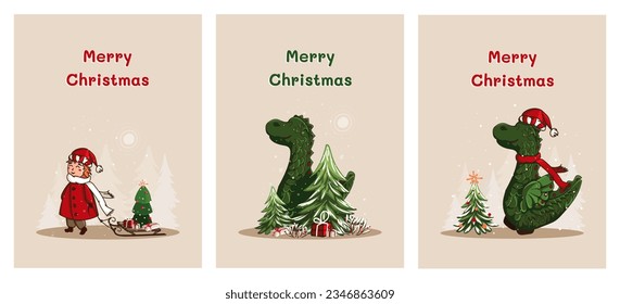 A set of Christmas cards. Santa pulls a sleigh with a christmas tree and gifts. A green dragon with gifts in the forest.  New Year gifts. A dragon in a red hat alongside a christmas tree.