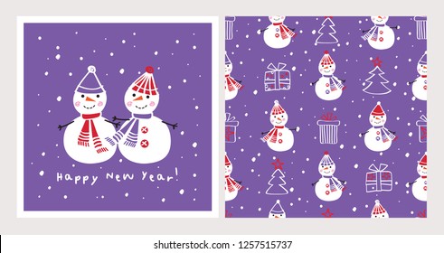 Set of Christmas cards and seamless patterns with cute snowmen. Background for gift wrap, textile, wallpapers and scrapbook. Happy New Year 2019. Doodles, sketch for your design. Vector.