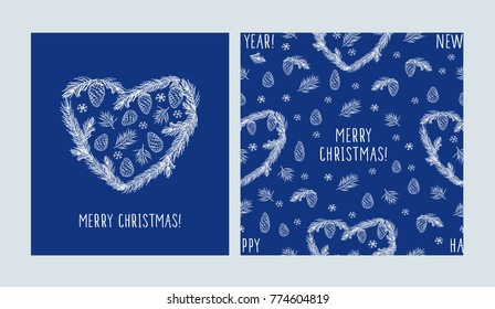 Set of Christmas cards and seamless patterns with hand drawn hearts, cones, pine spruce, snowflakes. Background for wrapping paper, textile, wallpapers, gift wrap and scrapbook. Vector.