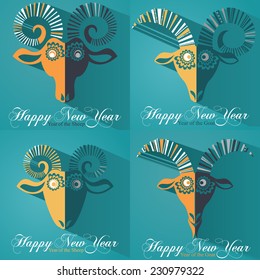 Set of Christmas cards with Sheep and Goat. Flat Design Card with calligraphy of text. Vector file organized in layers for easy editing. 