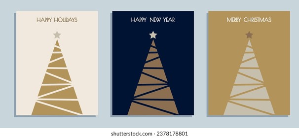 Juego de tarjetas de Navidad con una simple ilustración geométrica de un árbol de Navidad. Tarjetas navideñas modernas con Feliz Navidad, saludos de temporada, feliz texto de vacaciones. Plantilla de diseño de vectores.