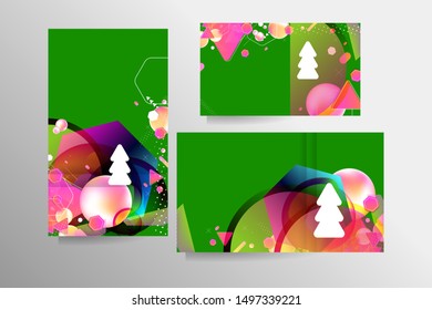 Set of Christmas cards snow background in blue and white colors. Abstract Christmas tree symbol of the year, snowflakes and gifts