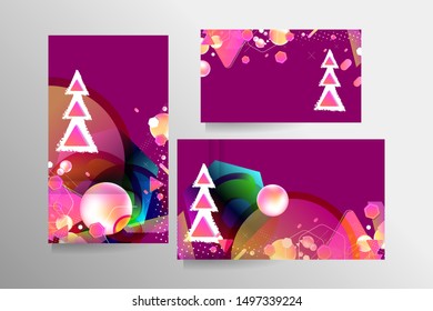 Set of Christmas cards snow background in blue and white colors. Abstract Christmas tree symbol of the year, snowflakes and gifts