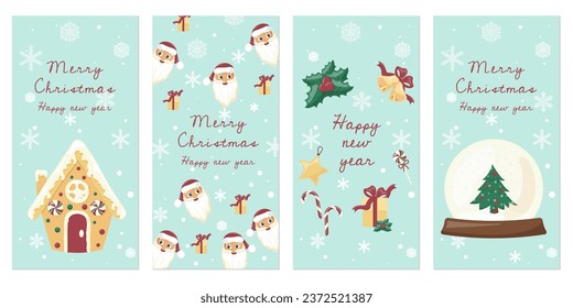 Set of Christmas cards with a snowman, a candle and other Christmas elements on a blue background. Vector illustration
