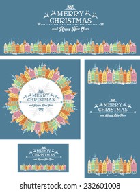 Set of Christmas cards with snowy old town