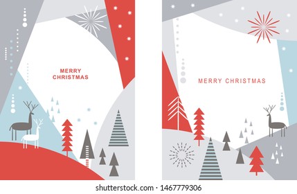 Set of Christmas cards . Stylized Christmas deers, snowflakes, forest, Christmas trees, scandinavian style