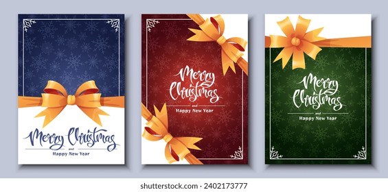 Set of Christmas cards template design. Cover for a holiday menu with snowflakes and a gold bow. Merry Christmas and Happy New Year!