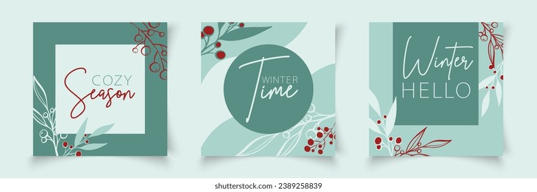 Set of christmas cards templates with branch elements in line art style. Botanical banner xmas frame. Editable vector for sale, card, social media, banner, poster, flyer, web, slide, presentation .	