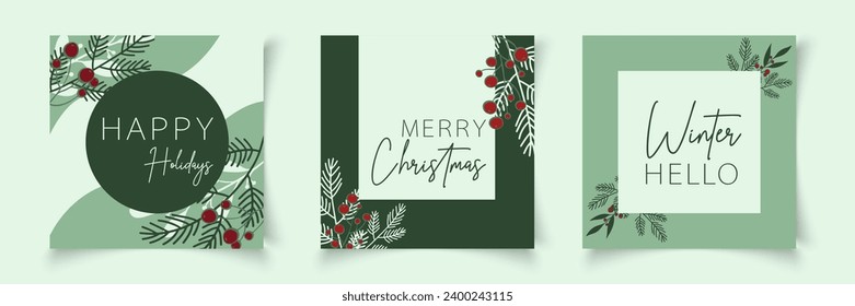 Set of christmas cards templates with branch elements in line art style. Botanical banner xmas frame. Editable vector for sale, card, social media, ba