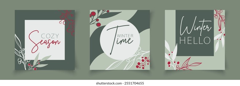 Set of christmas cards templates with branch elements in line art style. Botanical banner xmas frame. Editable vector for sale, card, social media, banner, poster, flyer, web, slide, presentation .
