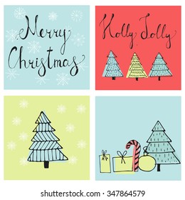 Set of Christmas cards templates with Christmas Tree, Decorations, Snowflakes. Templates for Greeting, Congratulations, Invitations. Vector illustration. Hand drawn design elements and text.