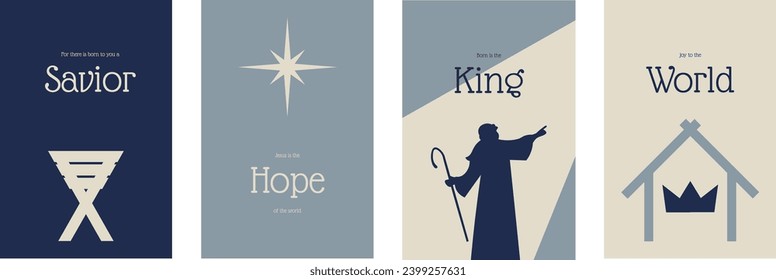 Set of christmas cards. For there is born to you a savior. Joy to the world. Born is the King. Jesus is the Hope to the world	
