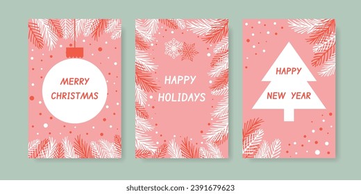 Juego de tarjetas de Navidad con ramas de árbol de Navidad y una fiesta de Año Nuevo. Ilustración vectorial.