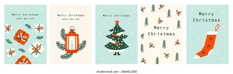 Set Christmas cards with Christmas tree, christmas elements. Vector illustrations 