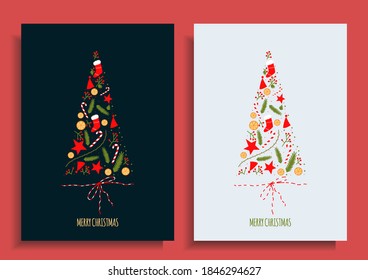Set of Christmas Cards. Christmas Tree Made of Objects. New Year postcad on a Dark Background. Cartoon postcard hand drawn.