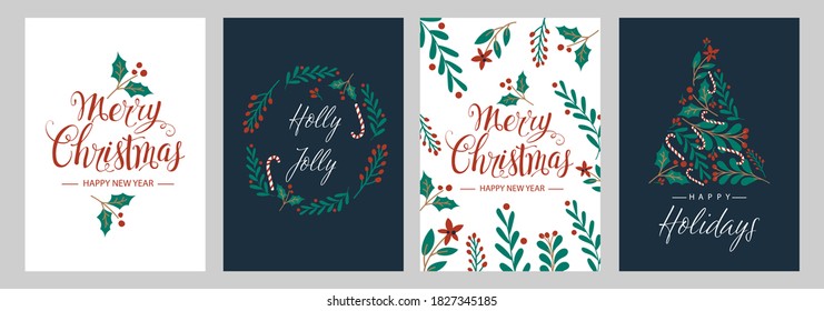 Set Christmas cards with Christmas tree, wreath, christmas decorations. Vector illustrations 