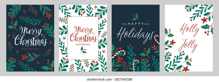 Set Christmas cards with Christmas tree, wreath, christmas decorations. Vector illustrations 