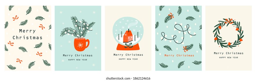Set Christmas cards with Christmas tree, wreath, christmas elements. Vector illustrations 